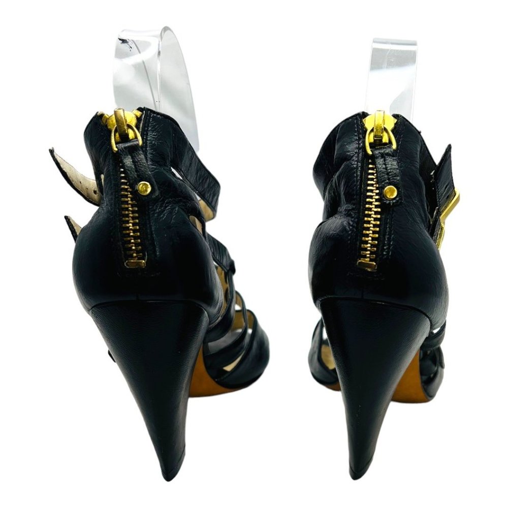 Saks Fifth Avenue Lyle Black Leather Heels Strappy Zip Open Toe Pumps 6.5M - Picture 6 of 13